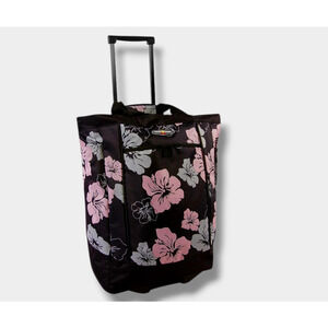 Pacific Coast Wheeled Shopping Tote Pink Hibiscus Floral Rolling Travel Bag New